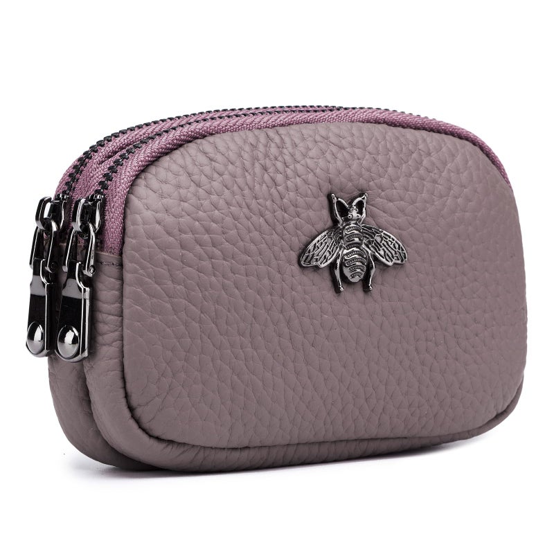imeetu Women Leather Coin Purse, Small 2 Zippered Change Pouch Wallet(Dark Pink) - Image 1